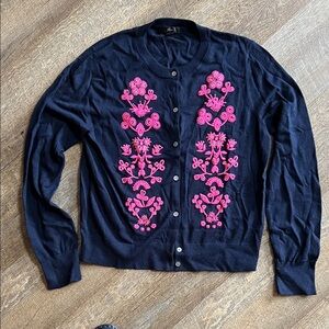 J. Crew Dark Blue Cardigan with Pink Embroidery